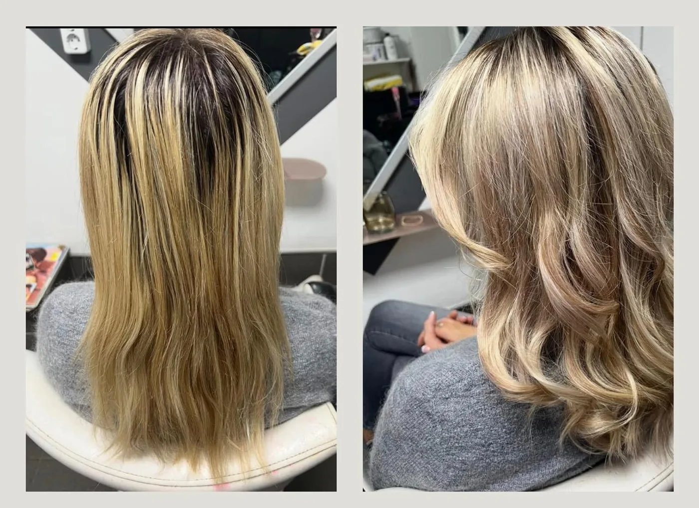 Blond-Strähnen Vorher-Nachher: kühleres, gleichmäßiges Blond mit Bewegung